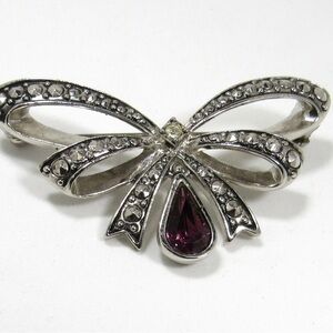 Vtg Avon Bow Pin Faux Amethyst and Faux Marcasites Silvertone